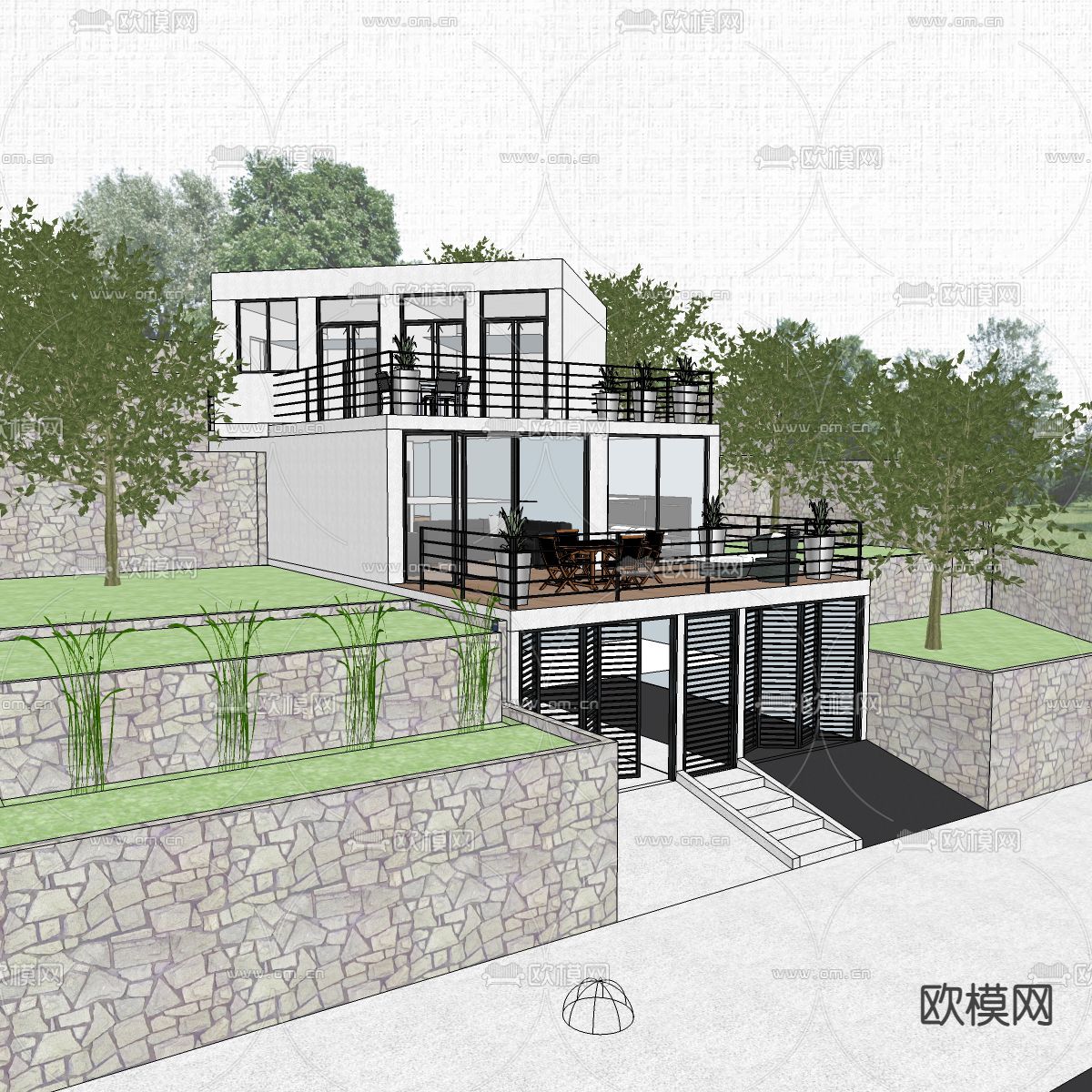 现代山地独栋别墅su模型下载（渲染图3）