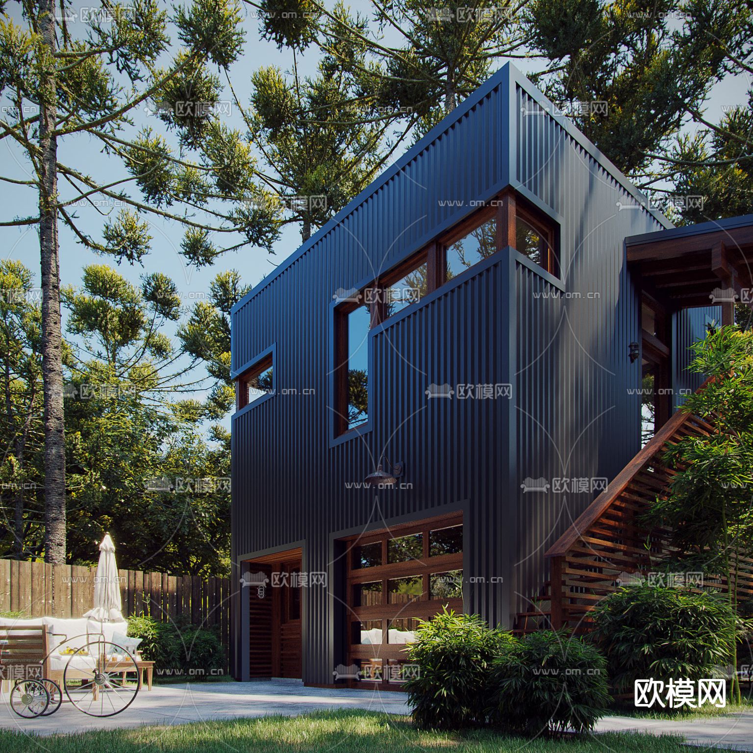 简美别墅外观su模型下载（渲染图2）