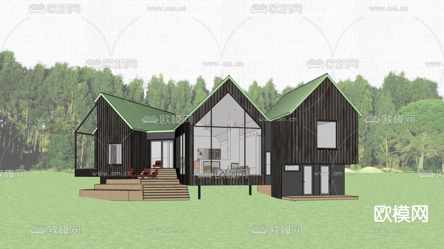 简美独栋别墅su模型下载（渲染图2）