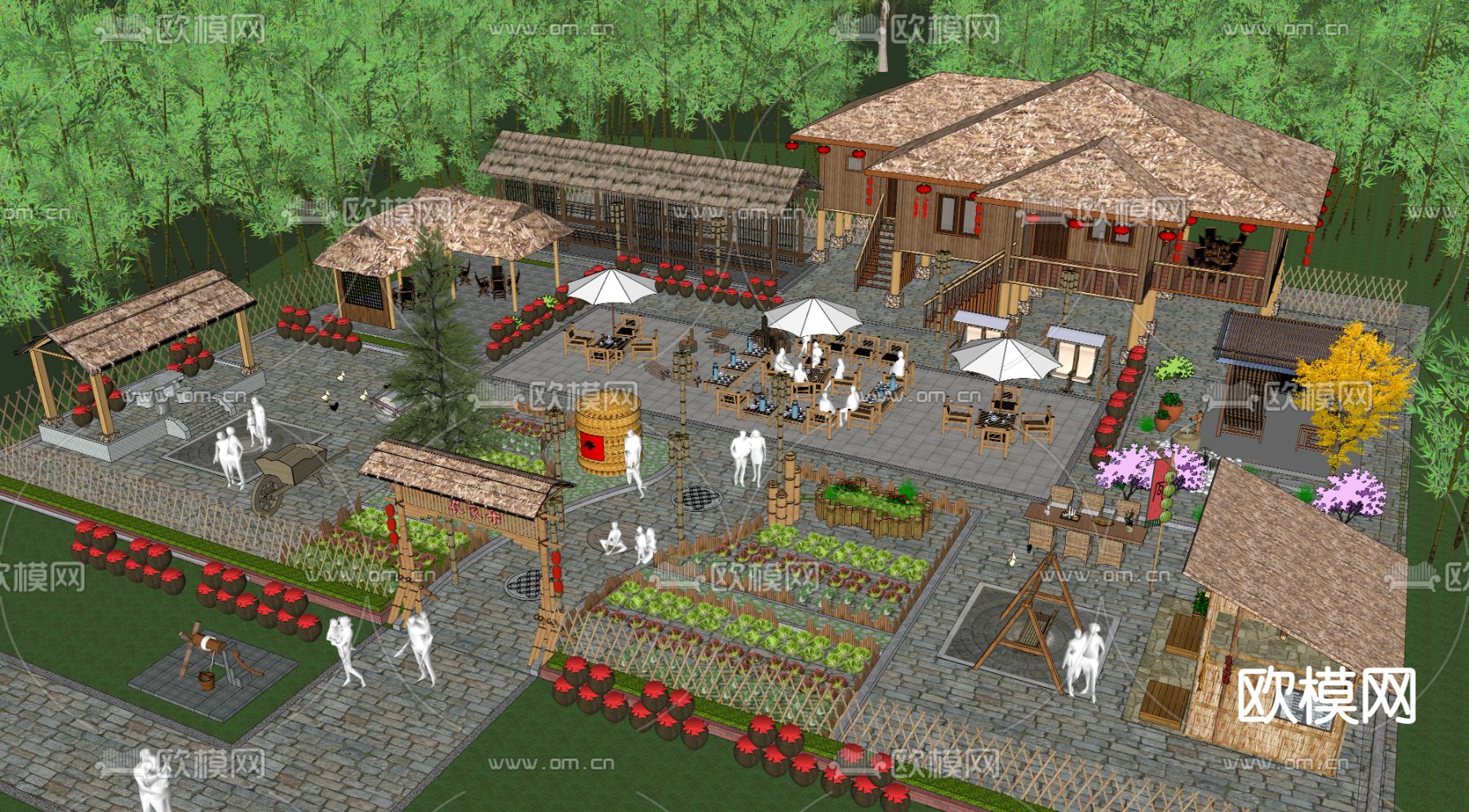 新中式乡村庭院鸟瞰su模型下载（渲染图3）