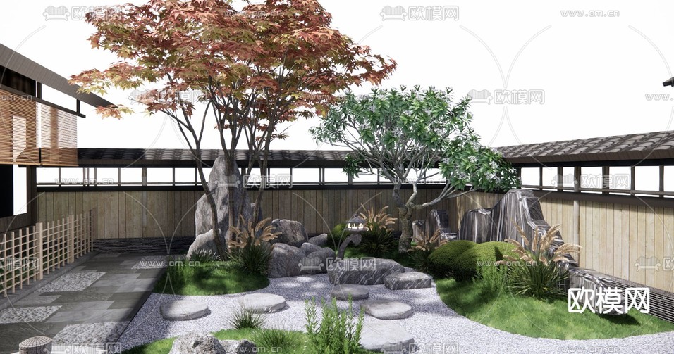 日式阳台花园 庭院景观3d模型下载(渲染图4)