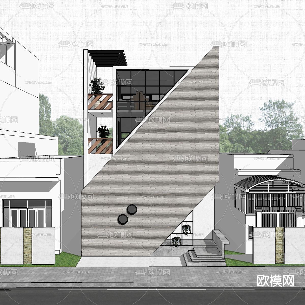 现代独栋别墅su模型下载（渲染图2）