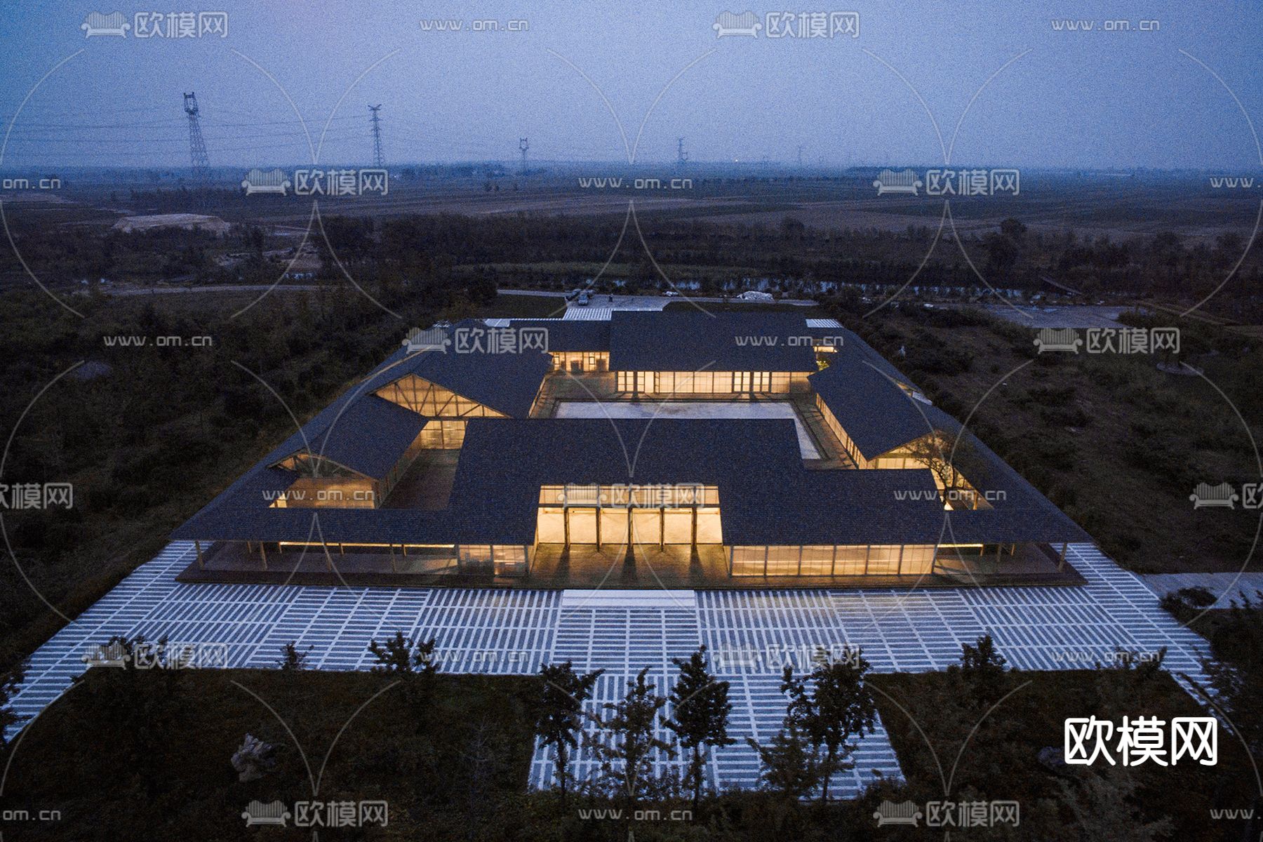 新中式四合院民俗馆鸟瞰su模型下载（渲染图1）