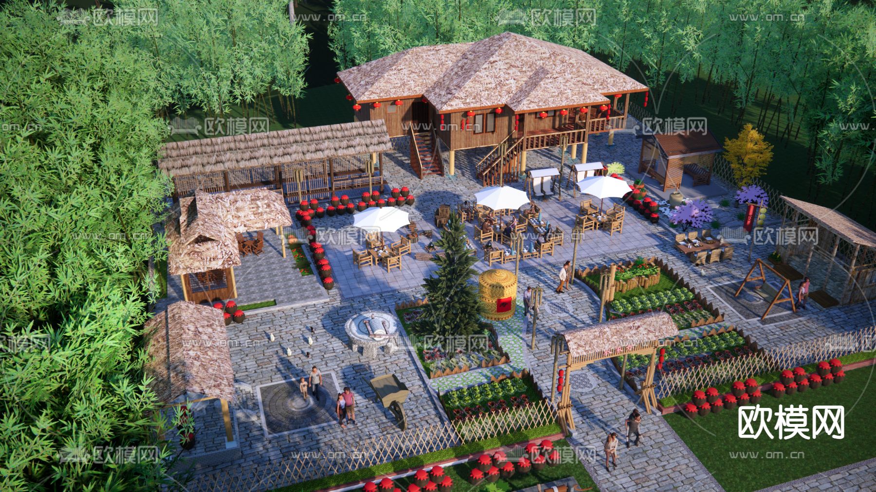 新中式乡村庭院鸟瞰su模型下载（渲染图2）