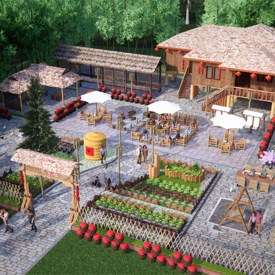  新中式乡村庭院鸟瞰su模型 