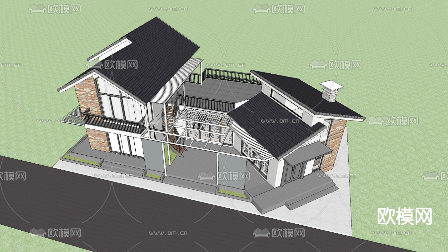 新中式独栋别墅su模型下载（渲染图3）