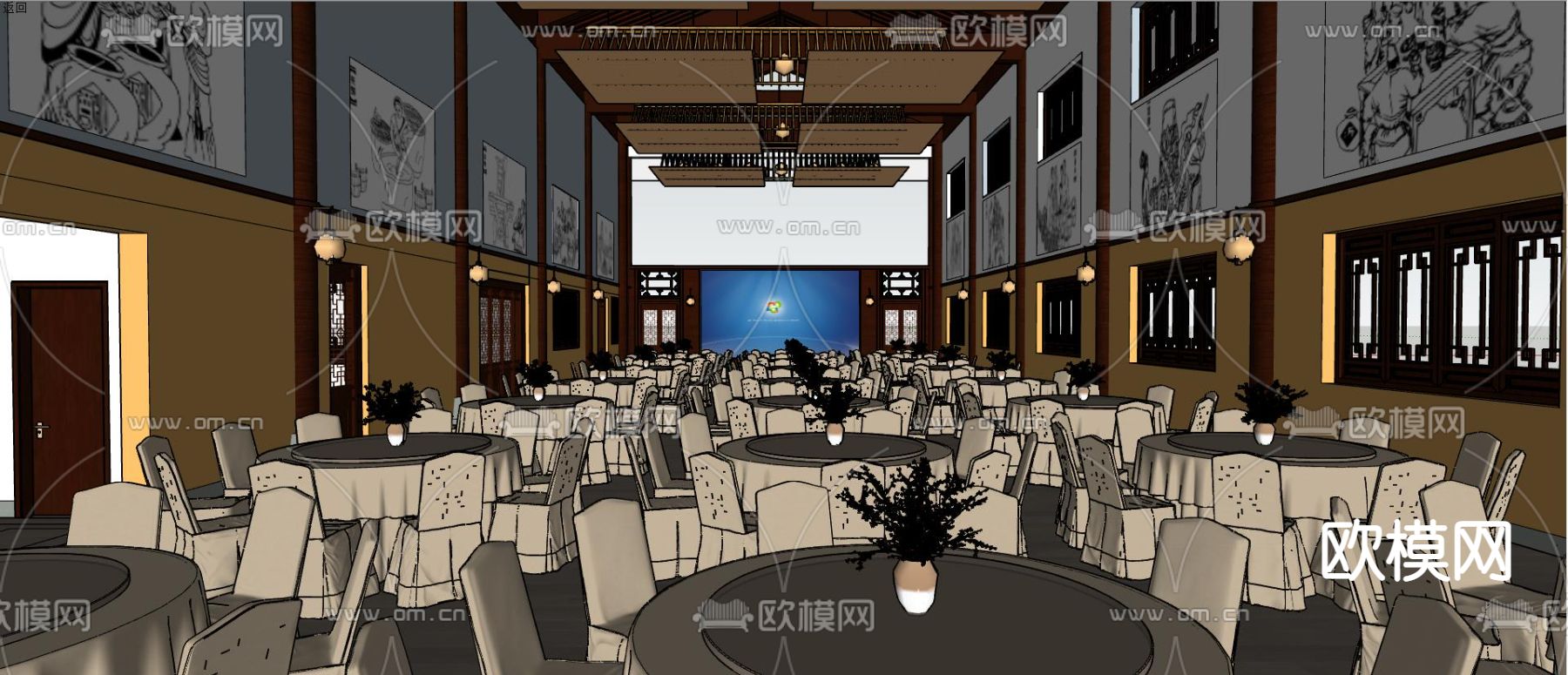 新中式宴会厅su模型下载（渲染图3）