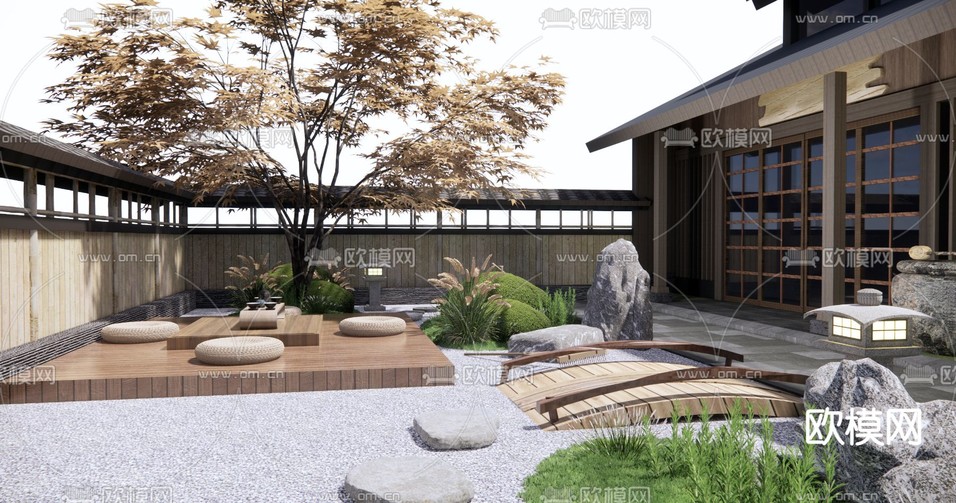 日式阳台花园 庭院景观3d模型下载(渲染图3)