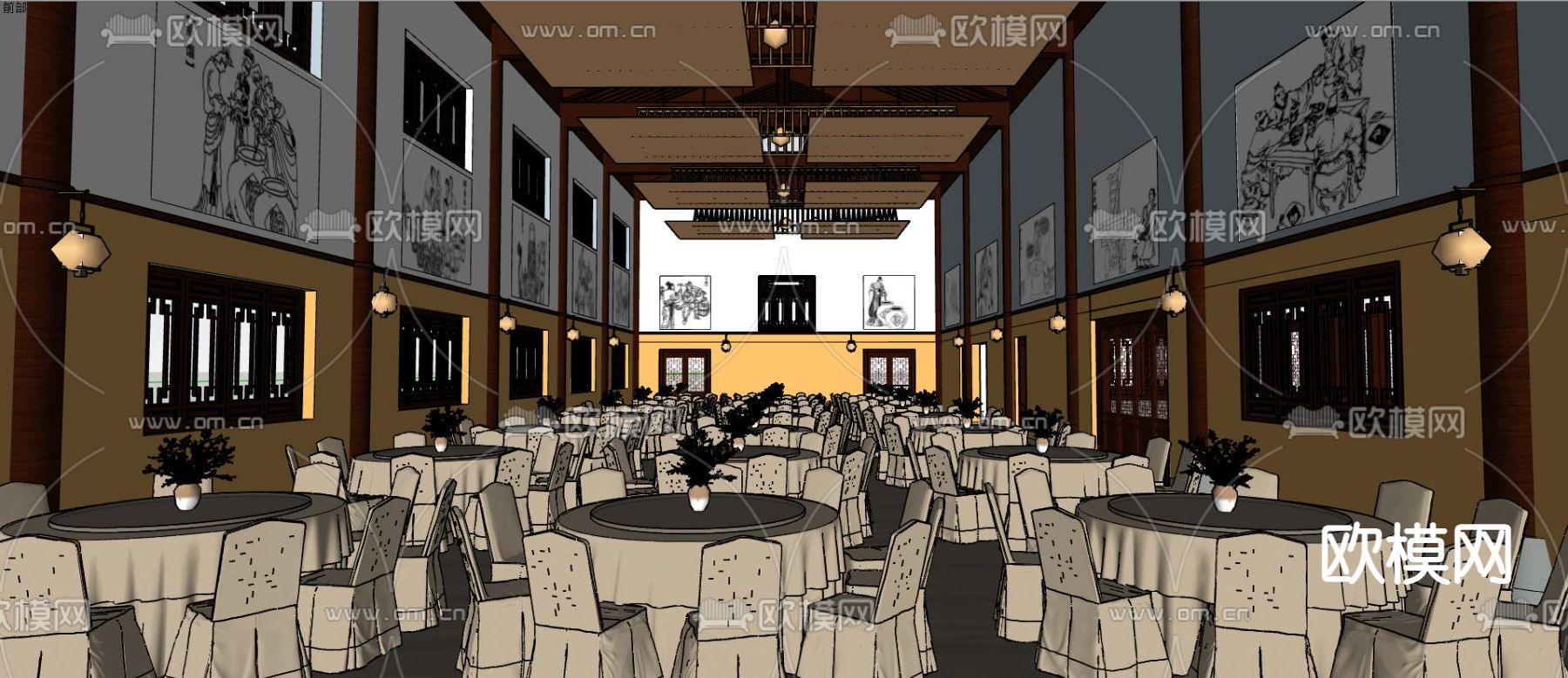 新中式宴会厅su模型下载（渲染图4）