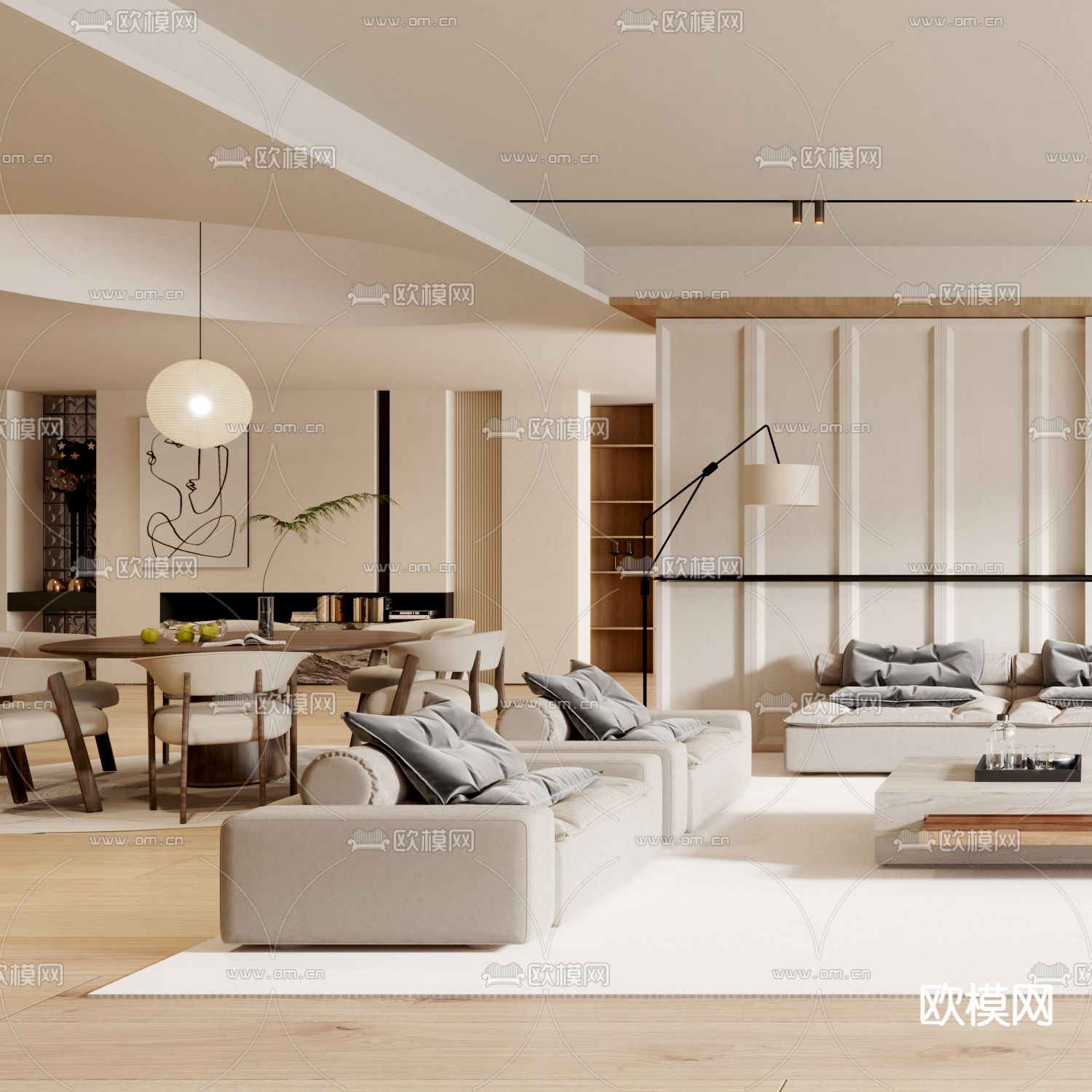 奶油风客厅3d模型下载（渲染图3）