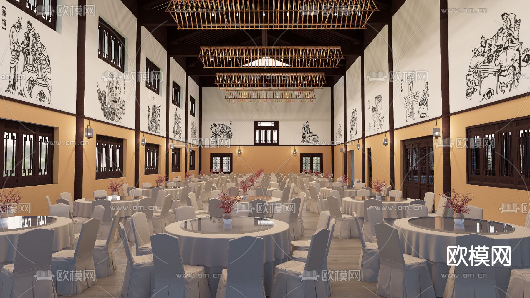 新中式宴会厅su模型下载（渲染图2）