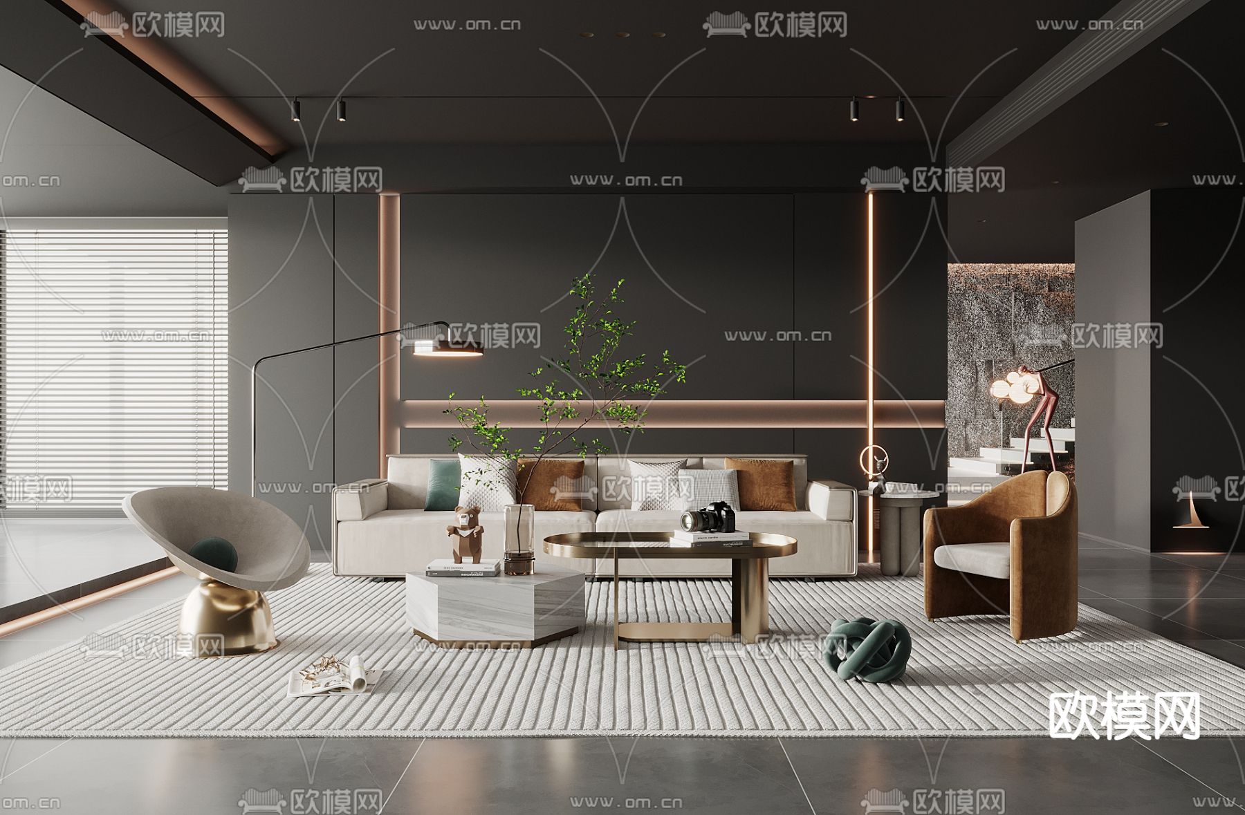 暗黑风客厅3d模型下载