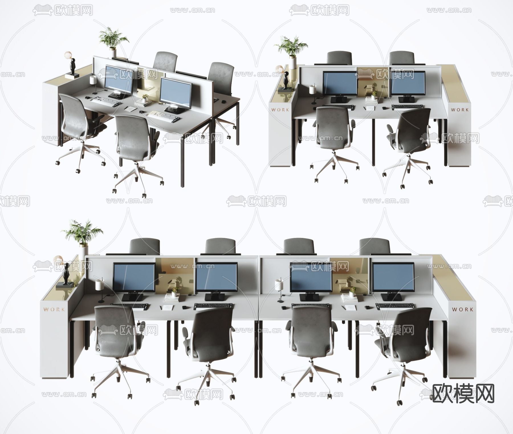 卡位办公桌 职员桌椅3d模型下载