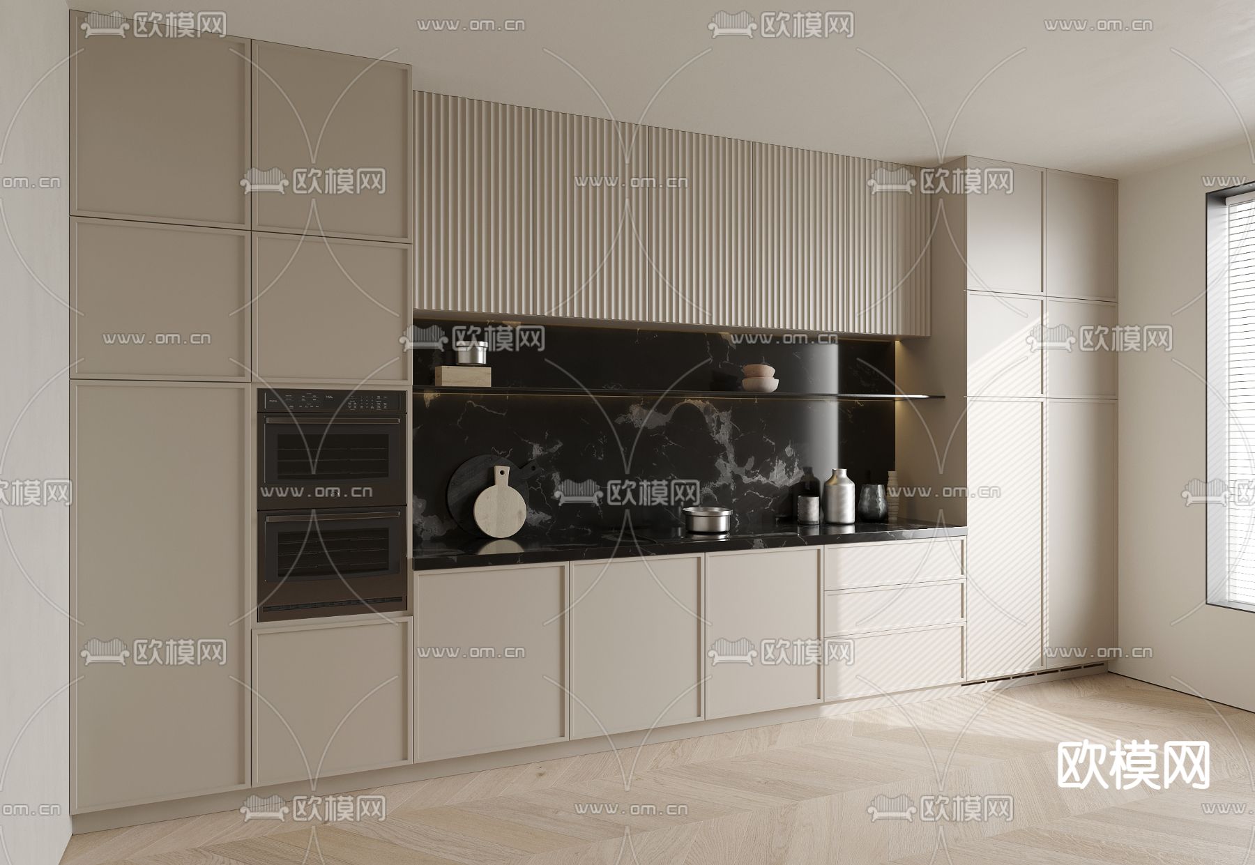 奶油风厨房 橱柜3d模型下载（渲染图1）