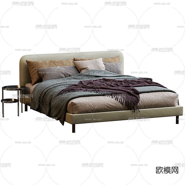 美式简约布艺双人床免费3d模型下载