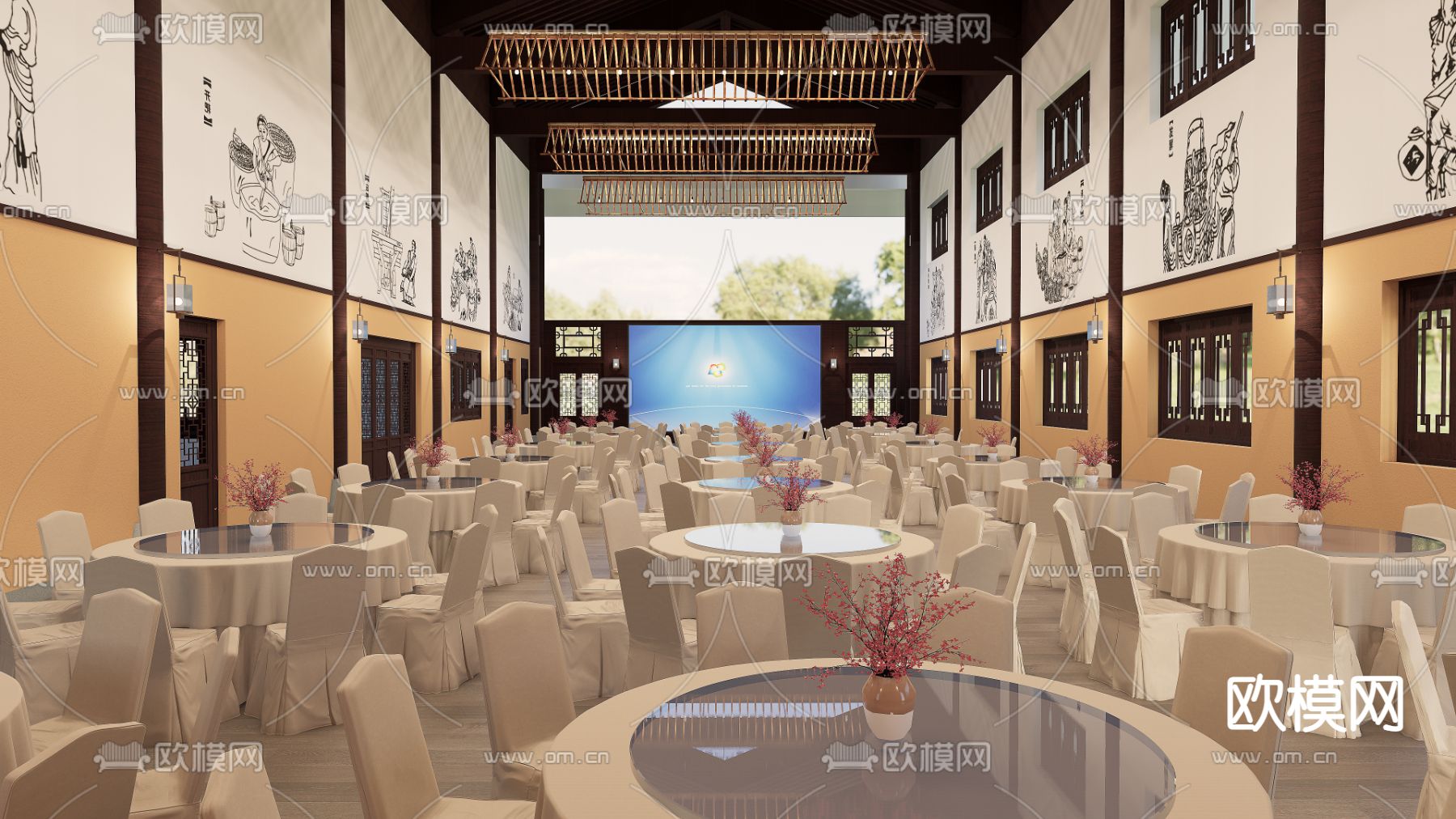 新中式宴会厅su模型下载（渲染图1）