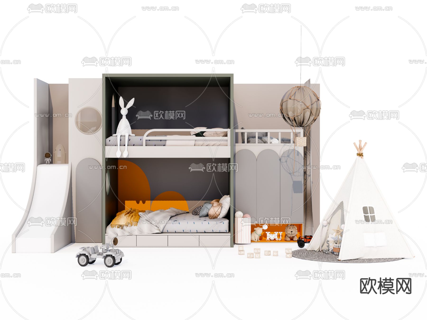 现代儿童上下床su模型下载（渲染图1）