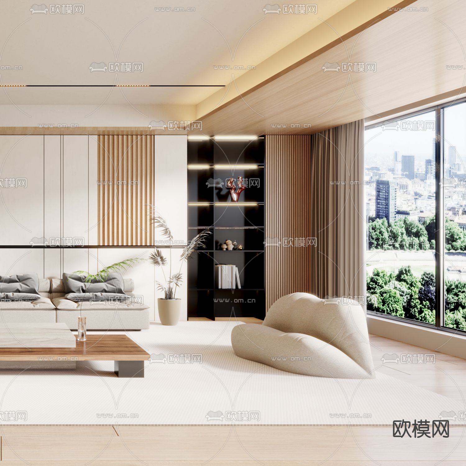 奶油风客厅3d模型下载（渲染图2）