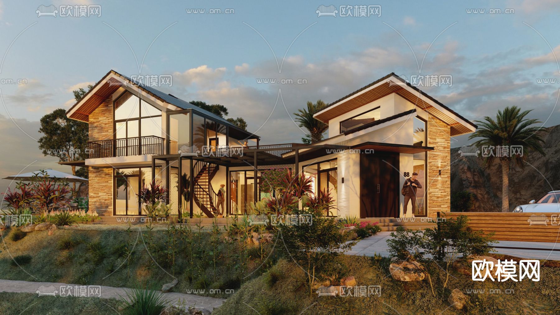 新中式独栋别墅su模型下载（渲染图1）