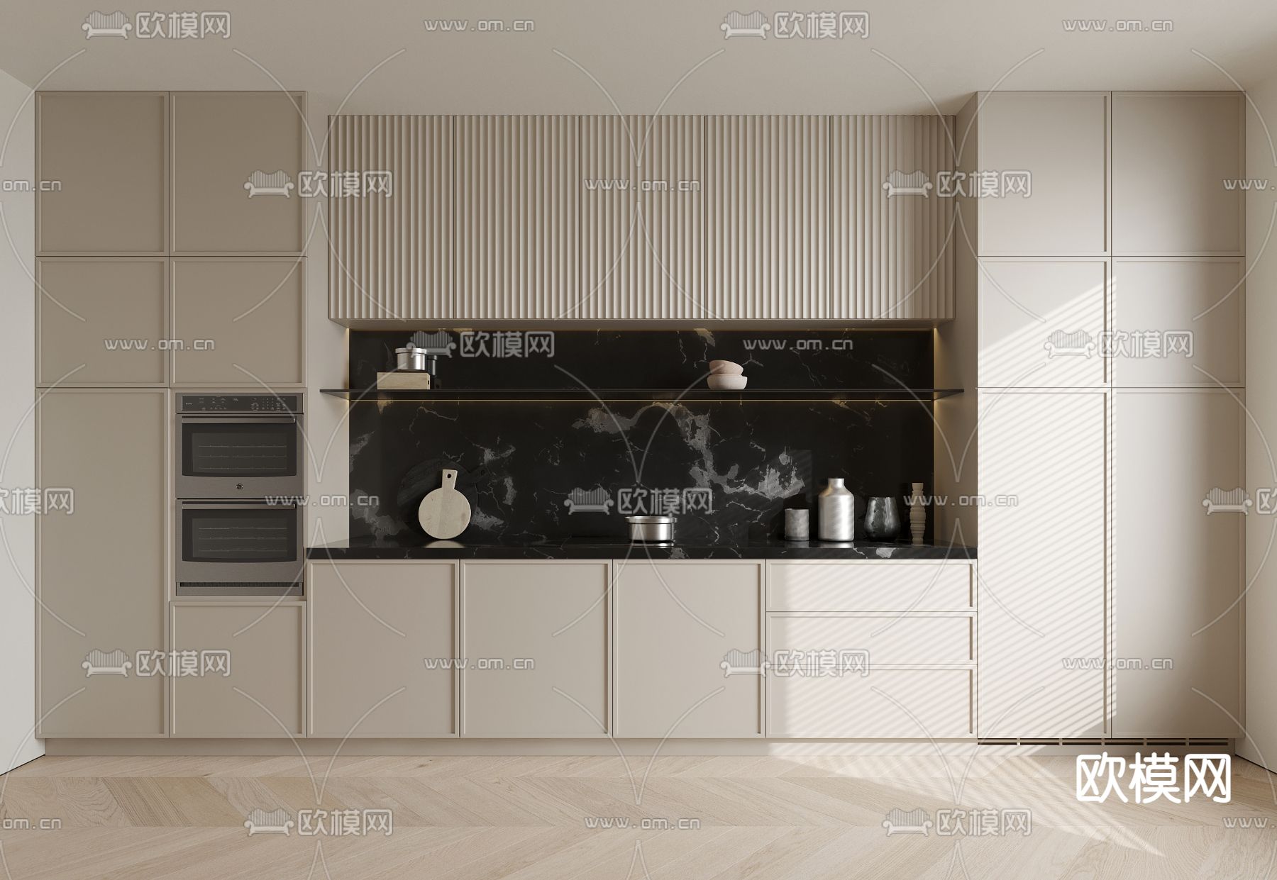 奶油风厨房 橱柜3d模型下载（渲染图2）