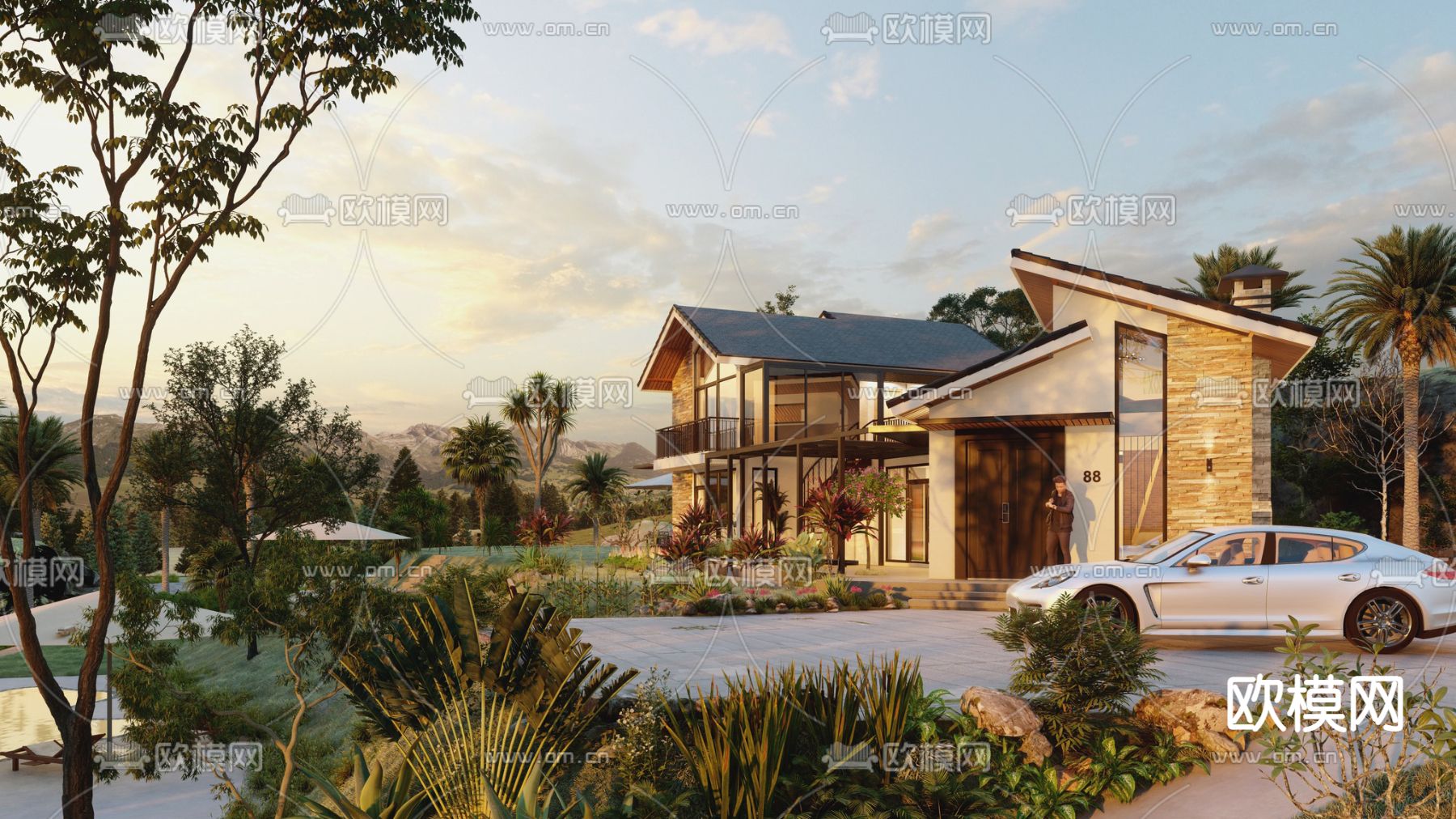 新中式独栋别墅su模型下载（渲染图2）