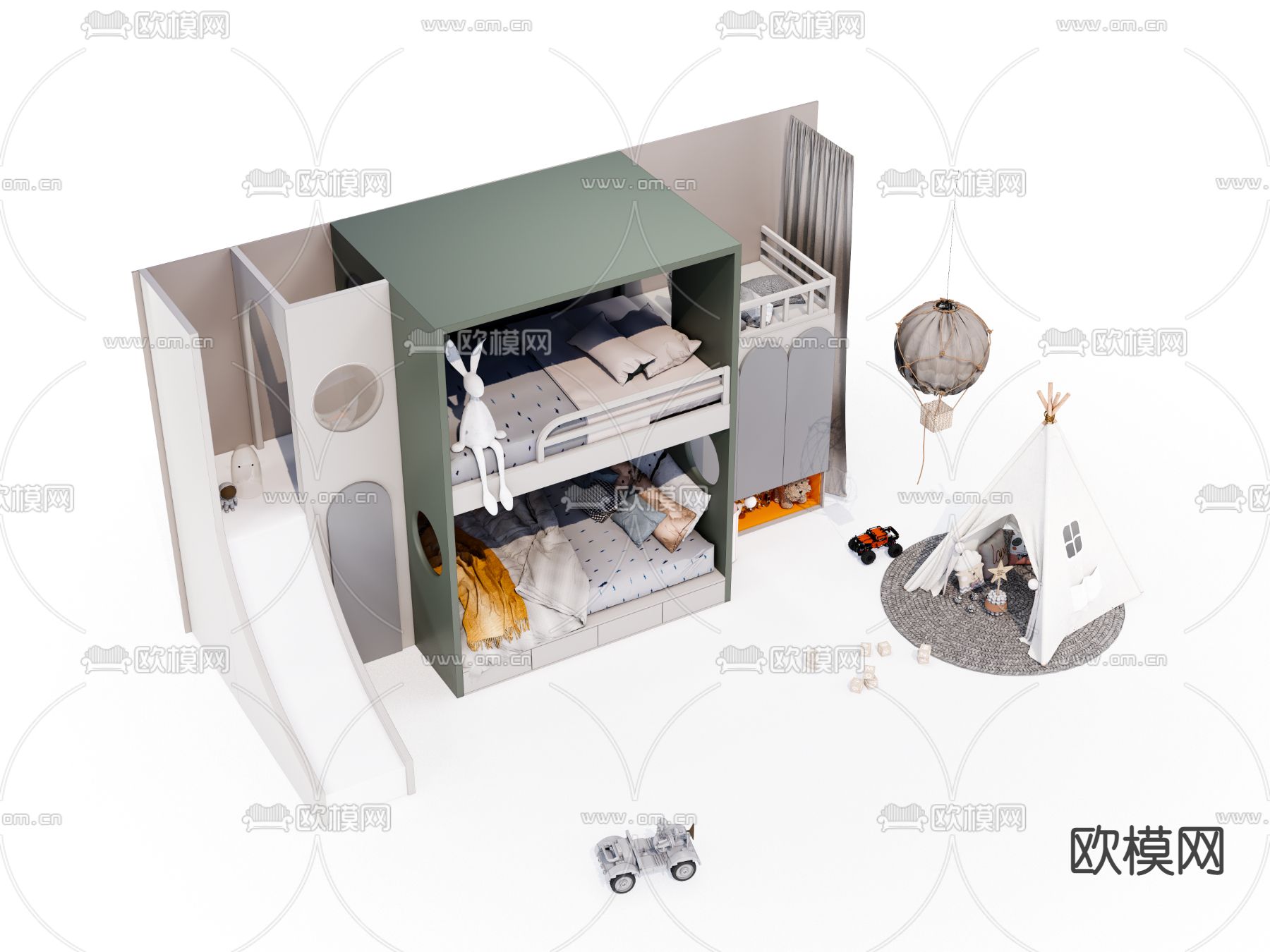 现代儿童上下床su模型下载（渲染图2）