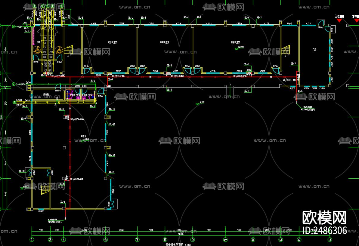 中心小学教学楼给排水及水灭火系统计CAD施工图下载（渲染图3）