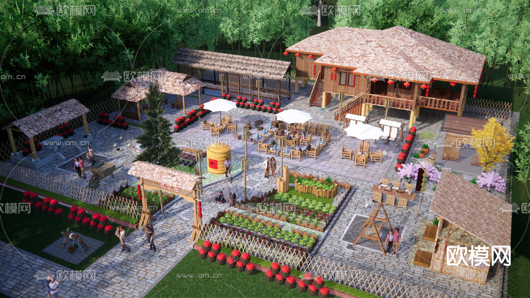 新中式乡村庭院鸟瞰su模型下载（渲染图1）