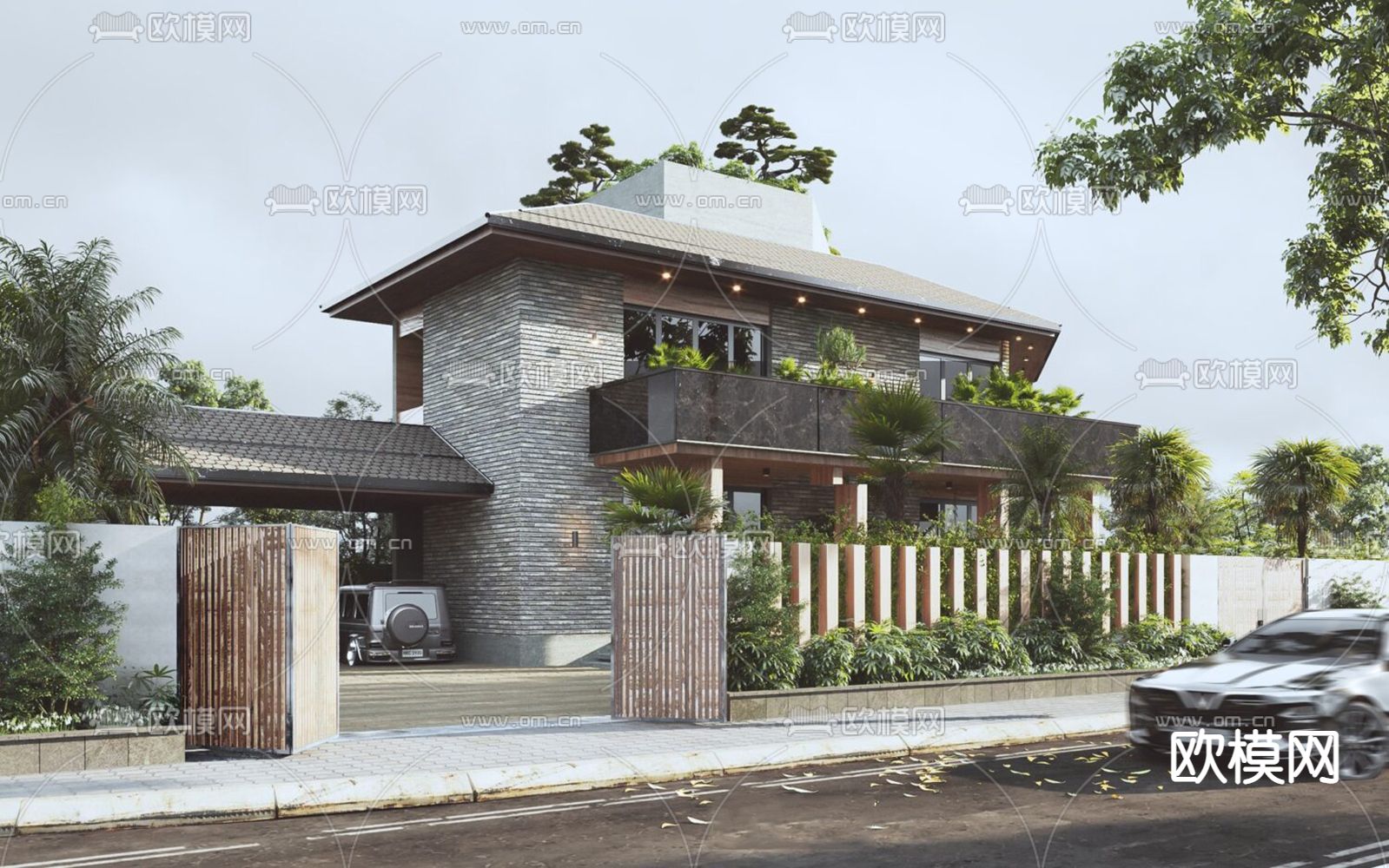 现代独栋别墅su模型下载（渲染图2）