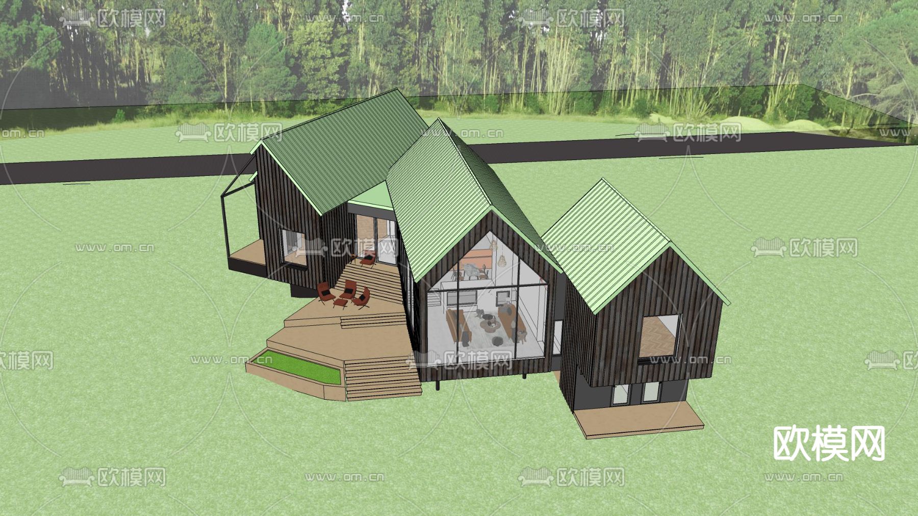 简美独栋别墅su模型下载（渲染图3）