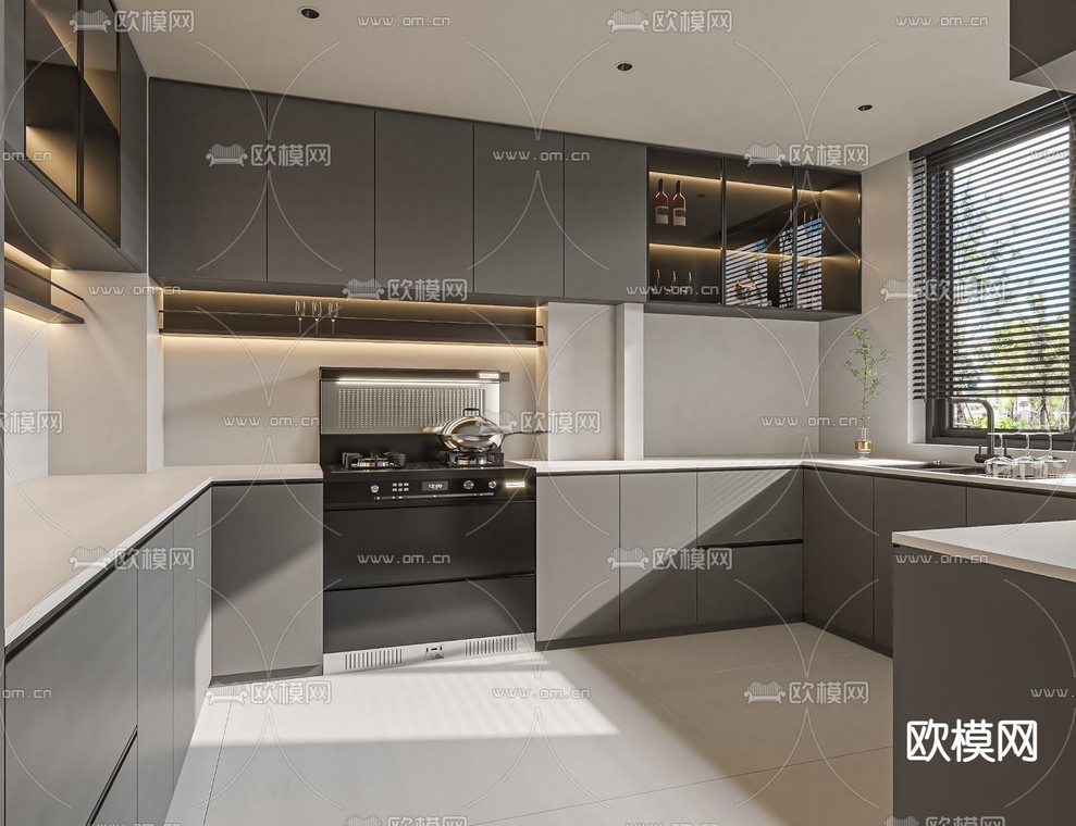 黑白灰厨房 橱柜3d模型下载_ID12313446_3dmax免费模型-欧模网