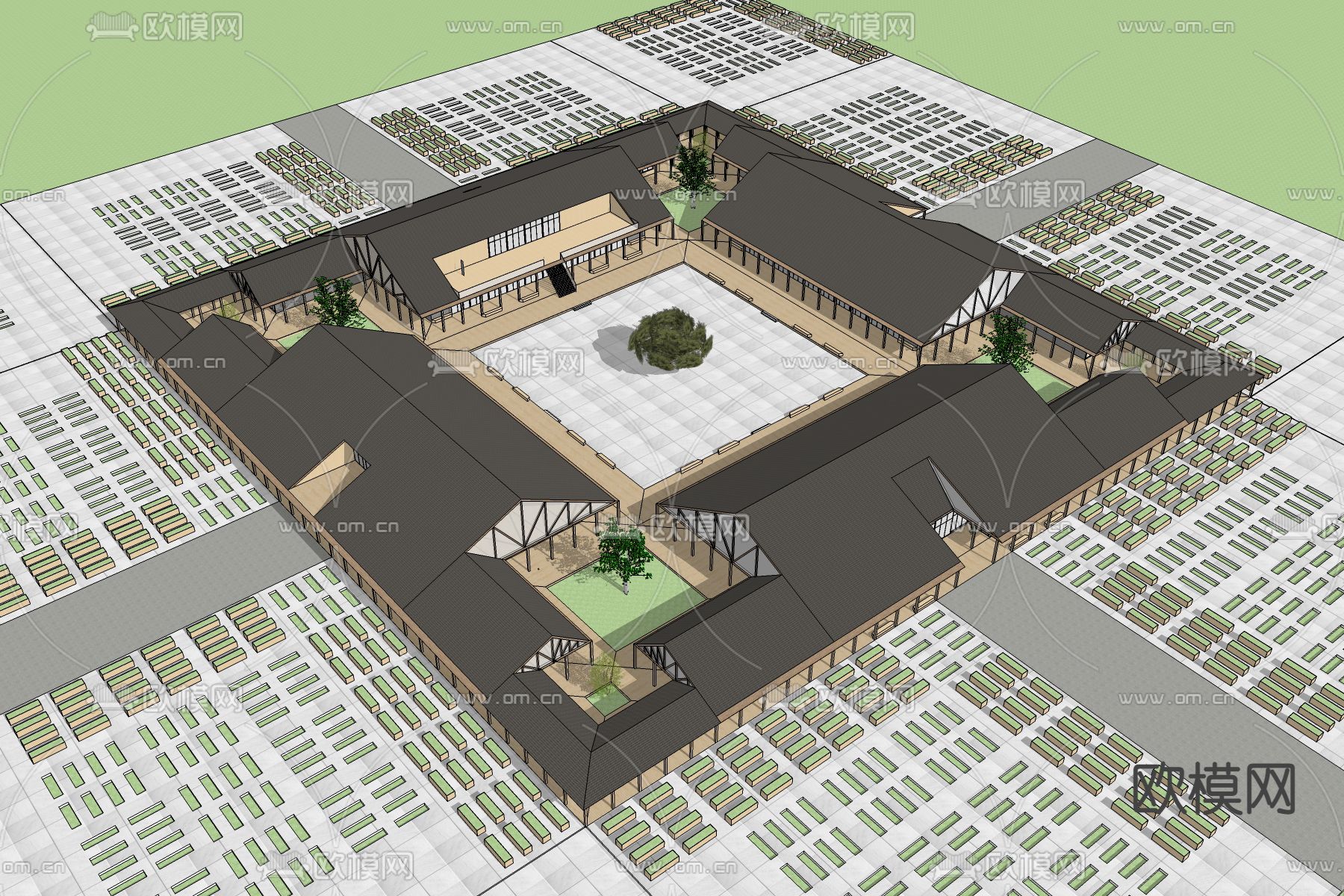 新中式四合院民俗馆鸟瞰su模型下载（渲染图4）