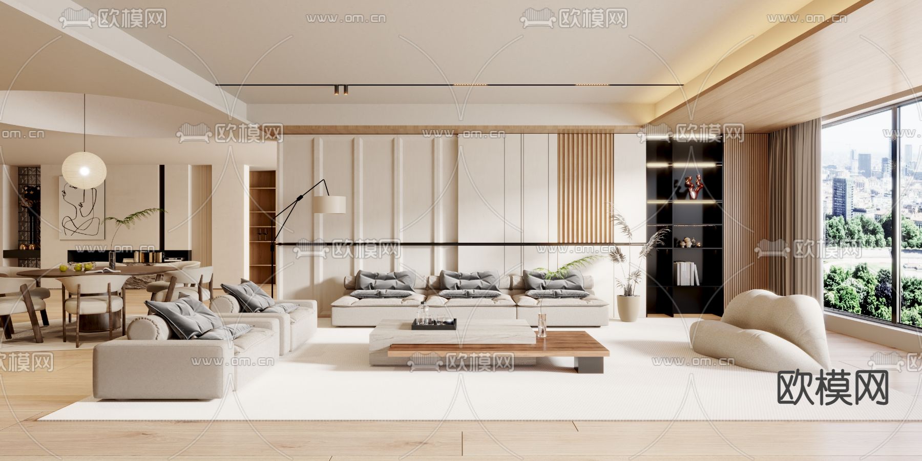 奶油风客厅3d模型下载（渲染图1）