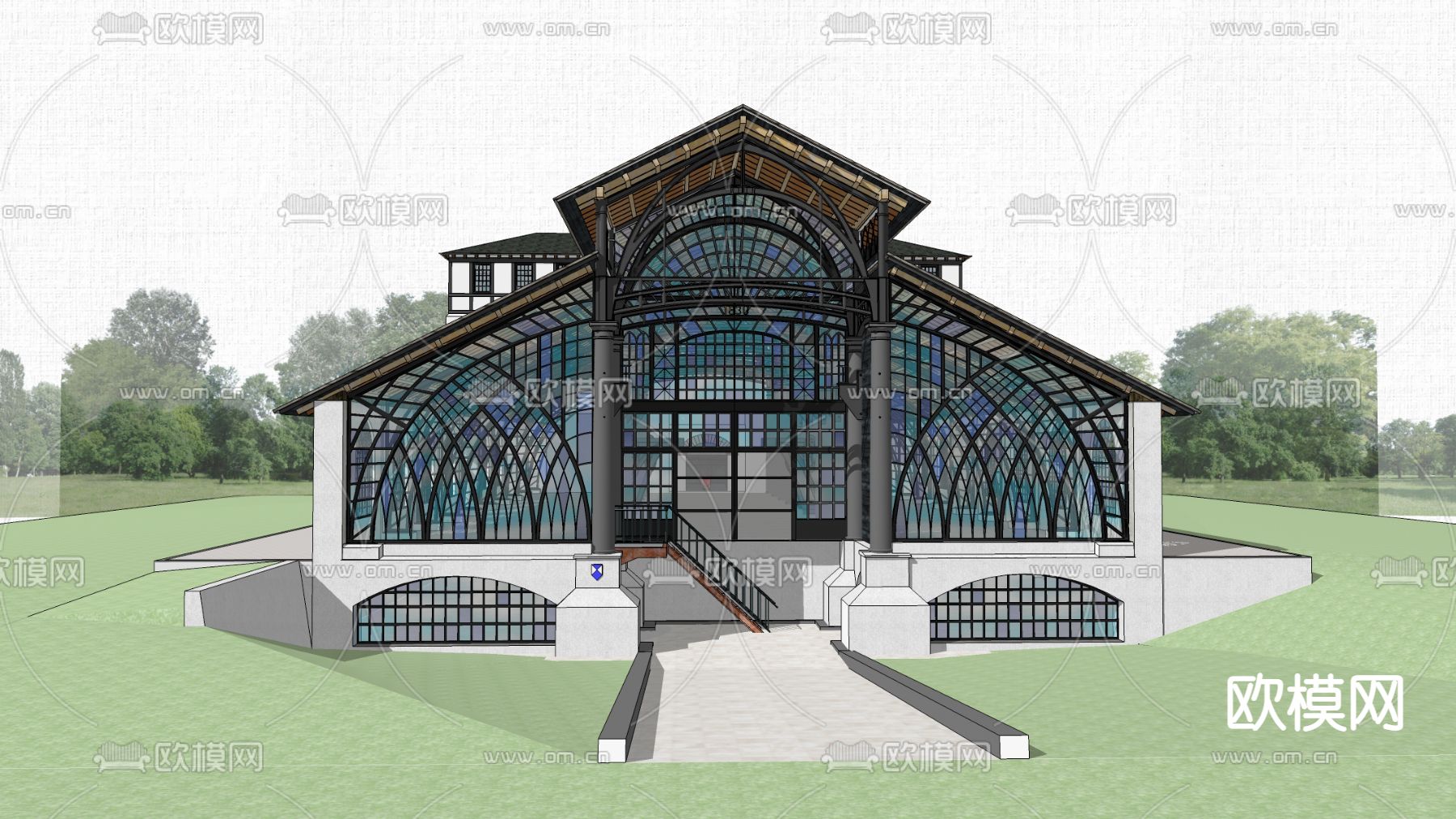 法式图书馆 博物馆外观su模型下载（渲染图4）