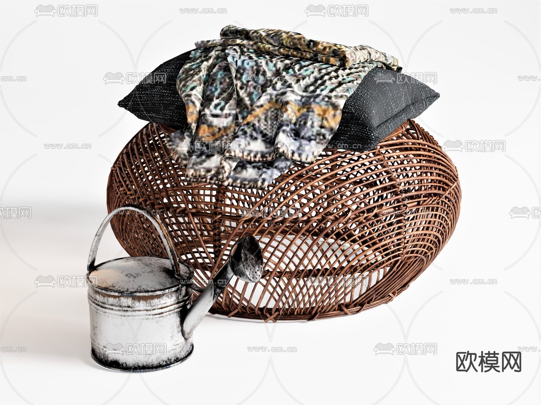 东南亚藤编茶几 抱枕 毯子su模型下载（渲染图1）