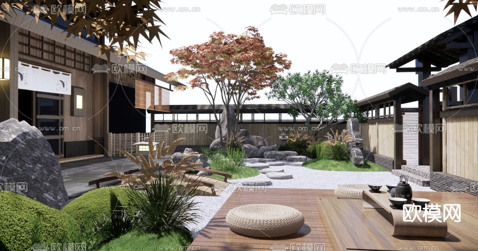 日式阳台花园 庭院景观3d模型下载(渲染图1)