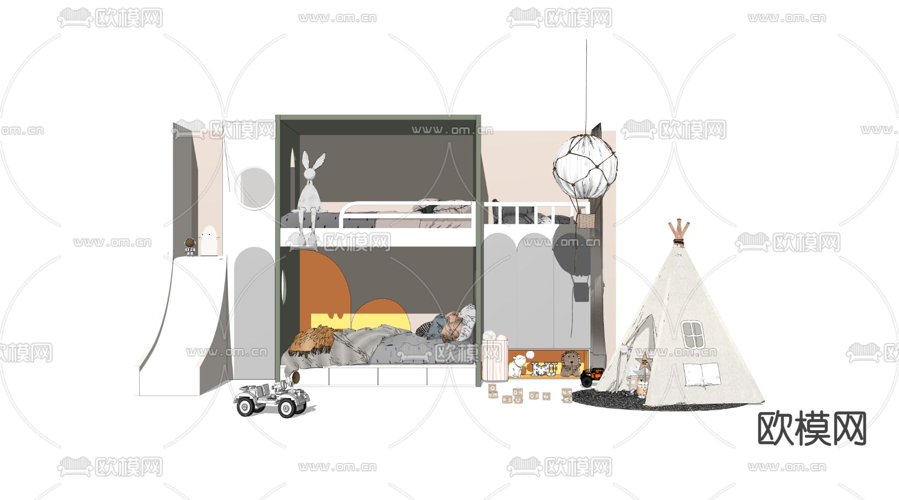 现代儿童上下床su模型下载（渲染图3）