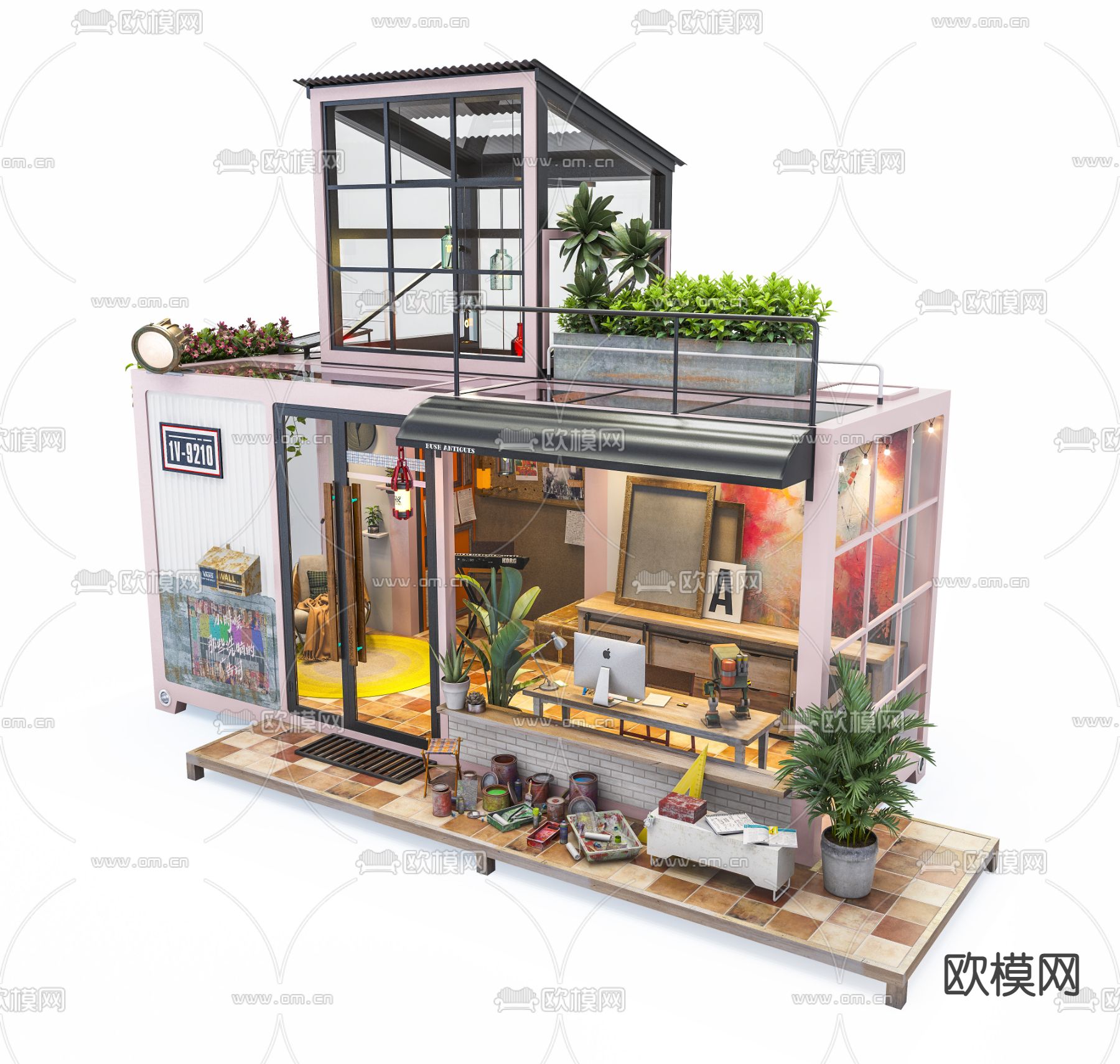 集装箱街景店3d模型下载（渲染图2）