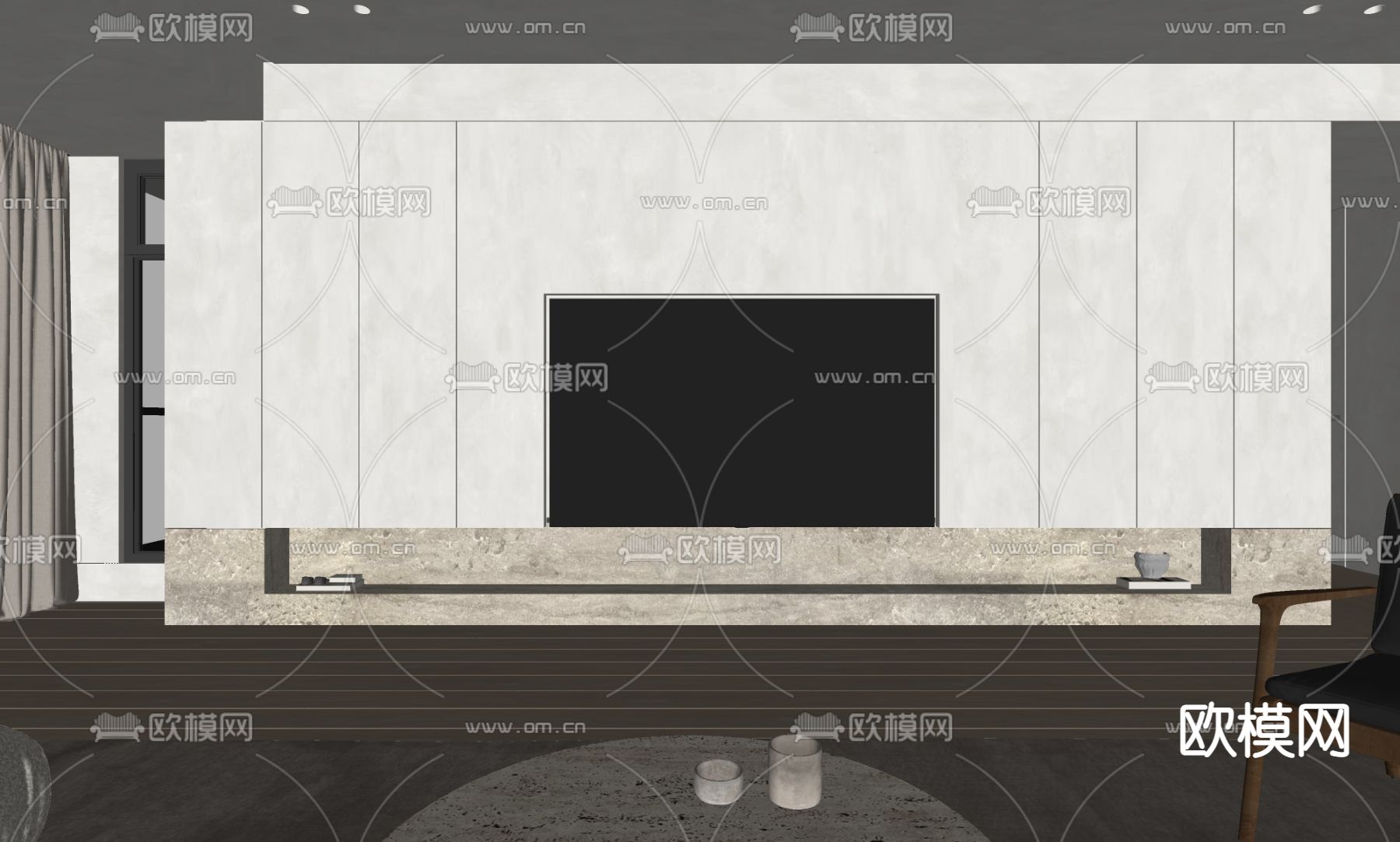 奶油风极简电视背景墙su模型