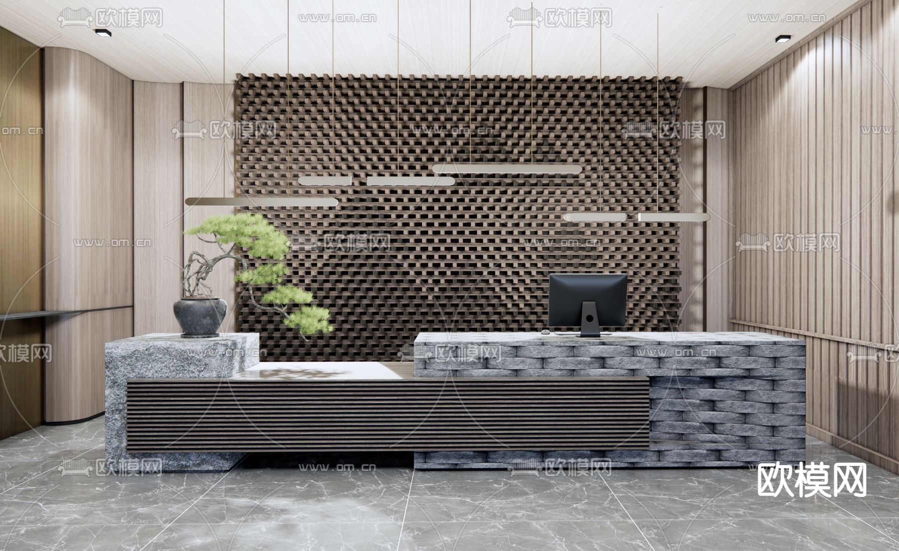 新中式前台 接待台3d模型下载