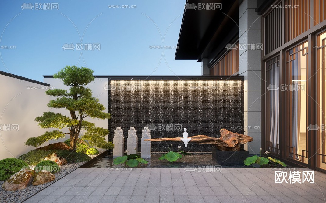 新中式别墅庭院 后花园3d模型下载_ID12313966_3dmax免费模型-欧模网