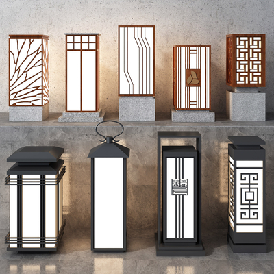  新中式户外灯 庭院灯 草坪灯su模型 