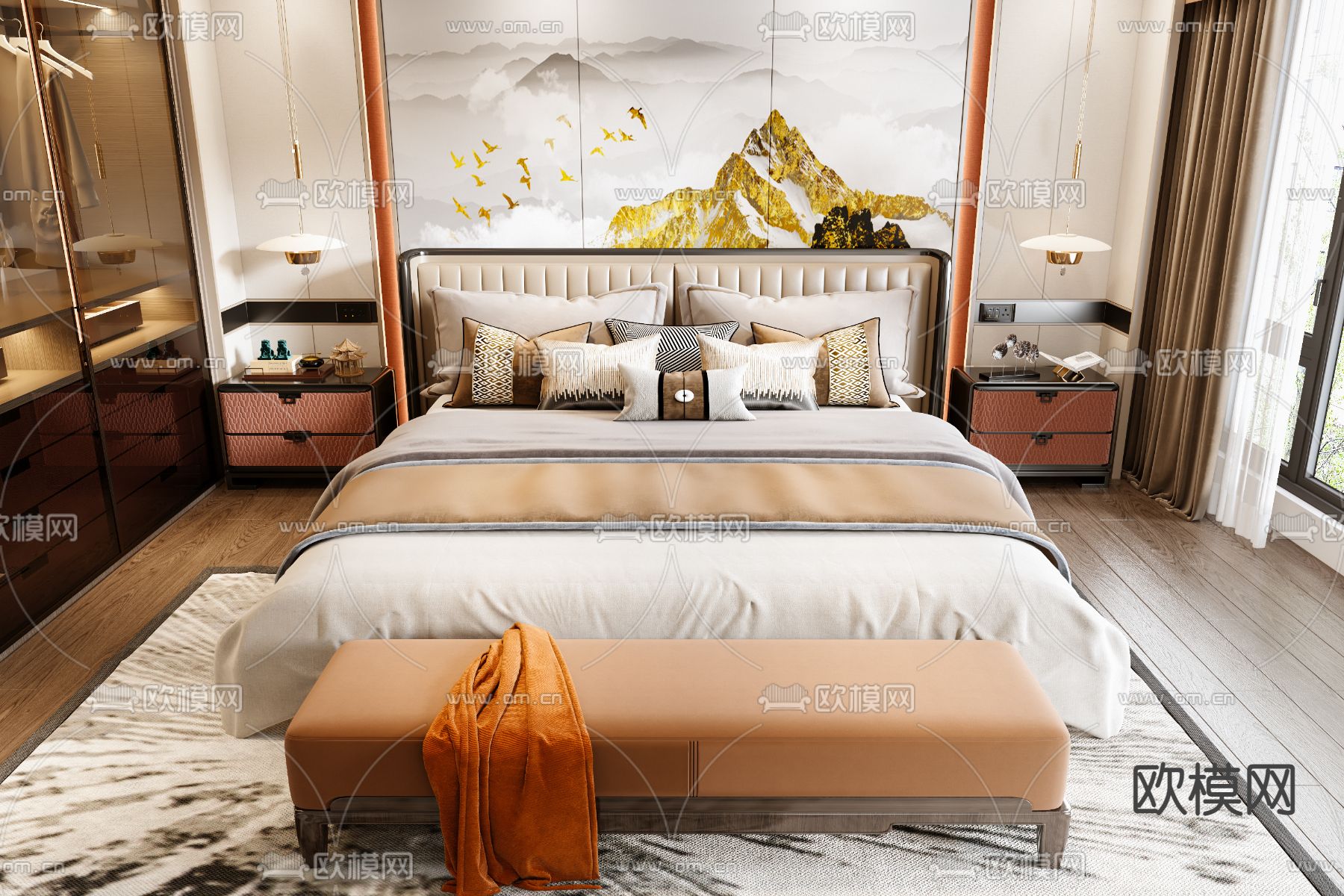 新中式布艺双人床su模型下载（渲染图1）