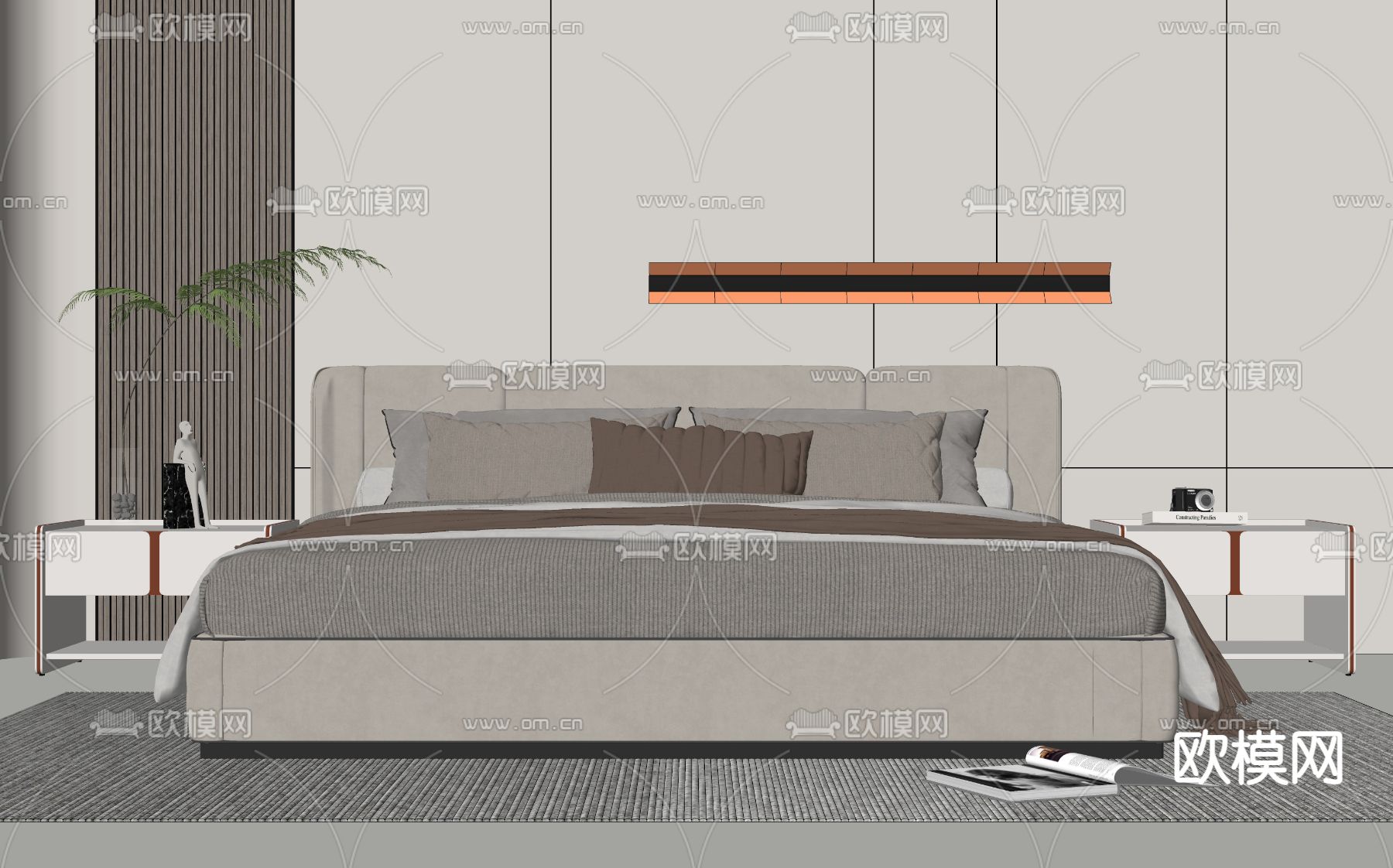 现代双人床su模型下载（渲染图2）