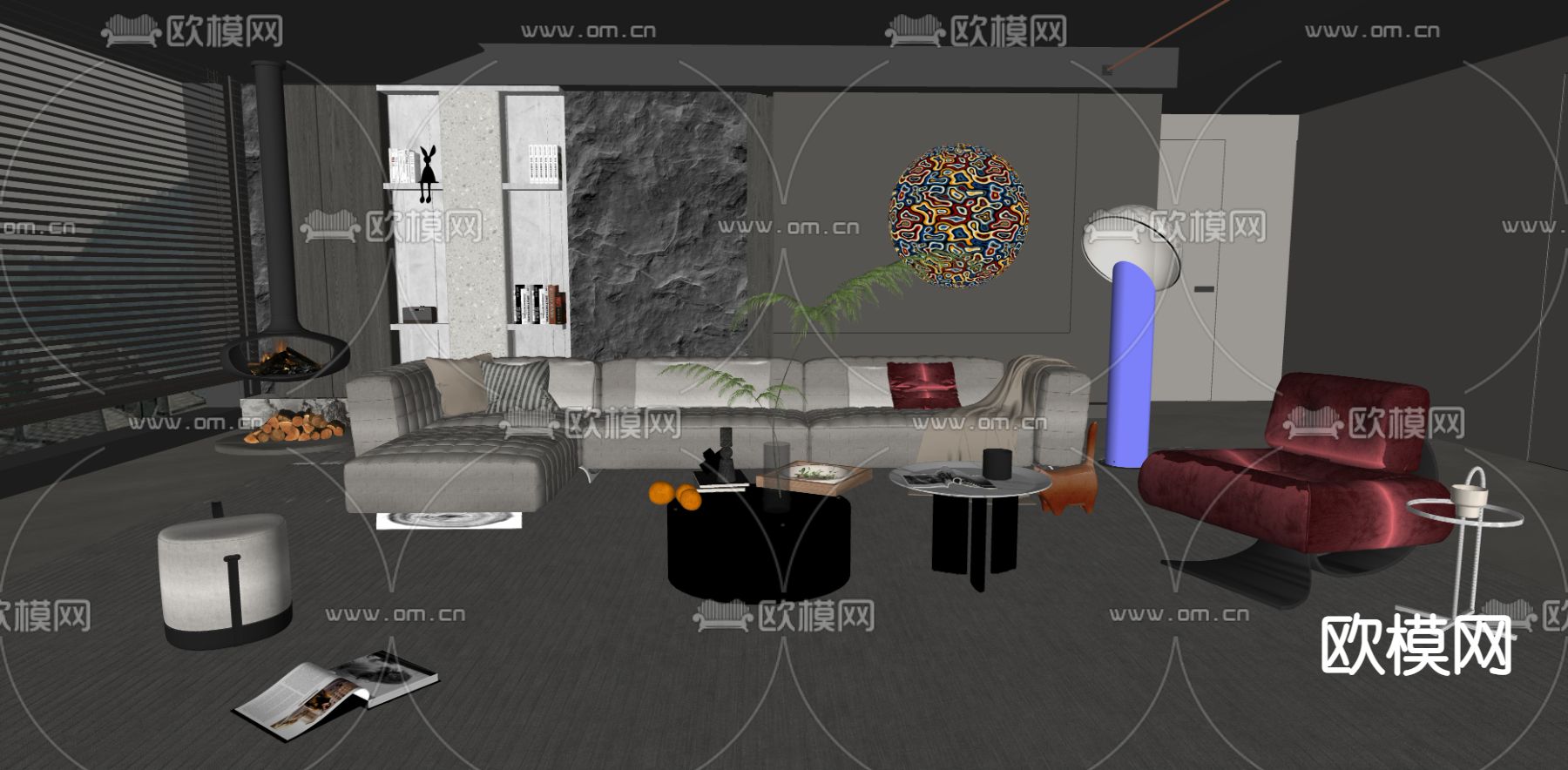 暗黑风客厅su模型下载（渲染图2）