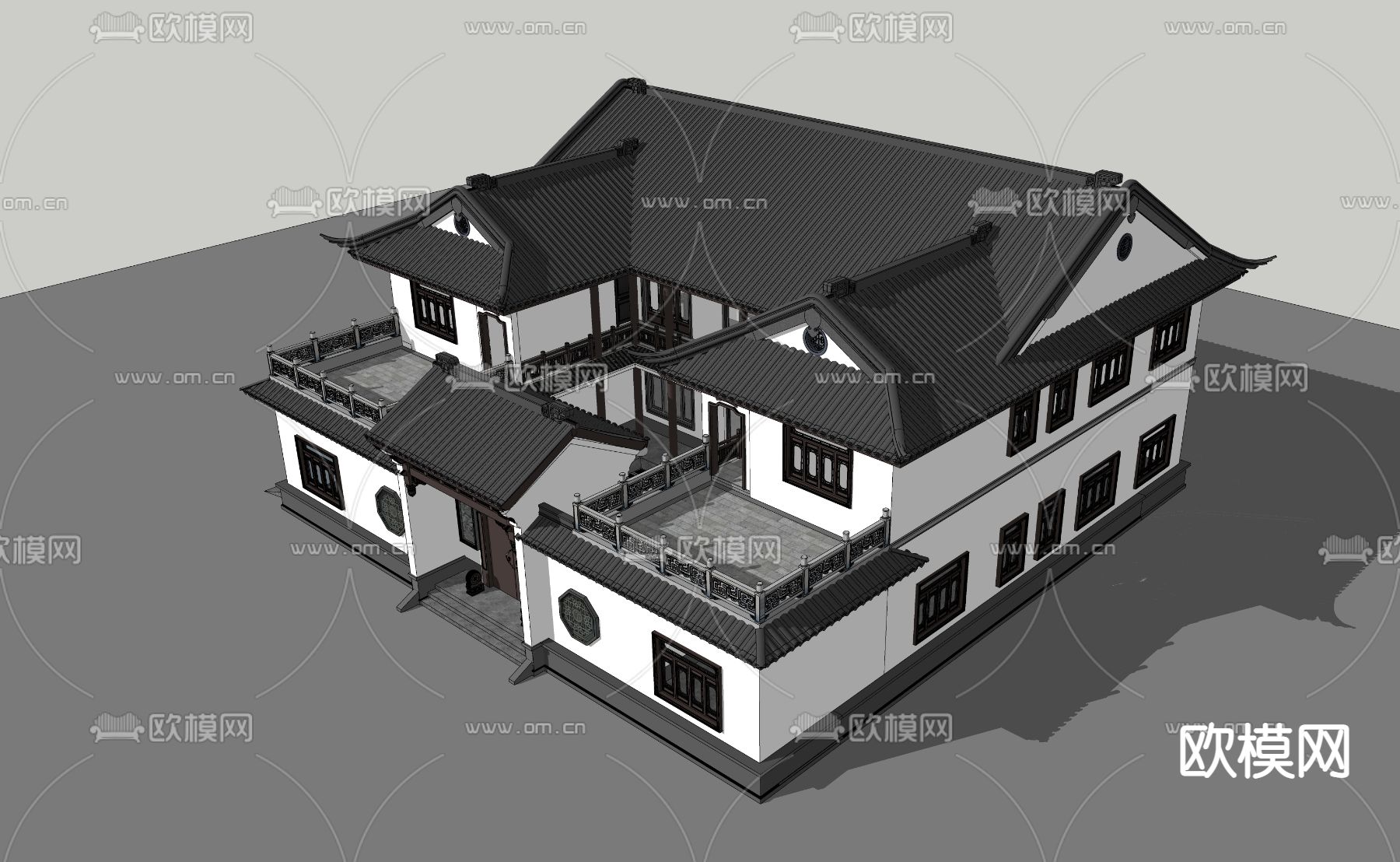 中式四合院建筑外观su模型下载（渲染图3）