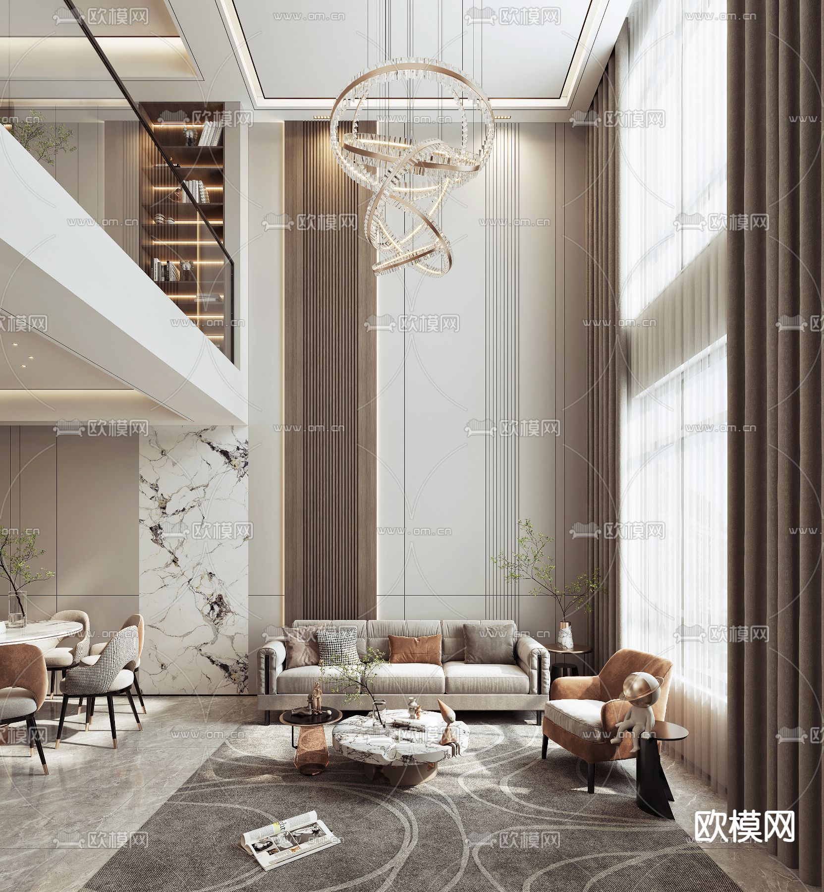轻奢别墅大堂 别墅客厅3d模型下载_ID12315844_3dmax免费模型-欧模网