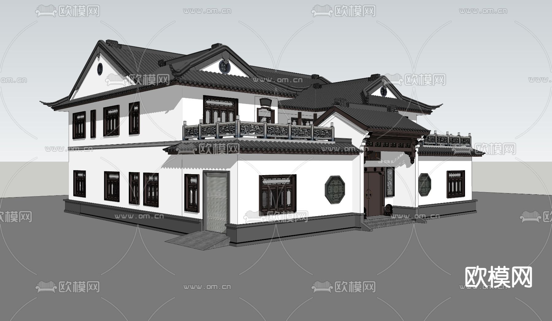 中式四合院建筑外观su模型下载（渲染图1）