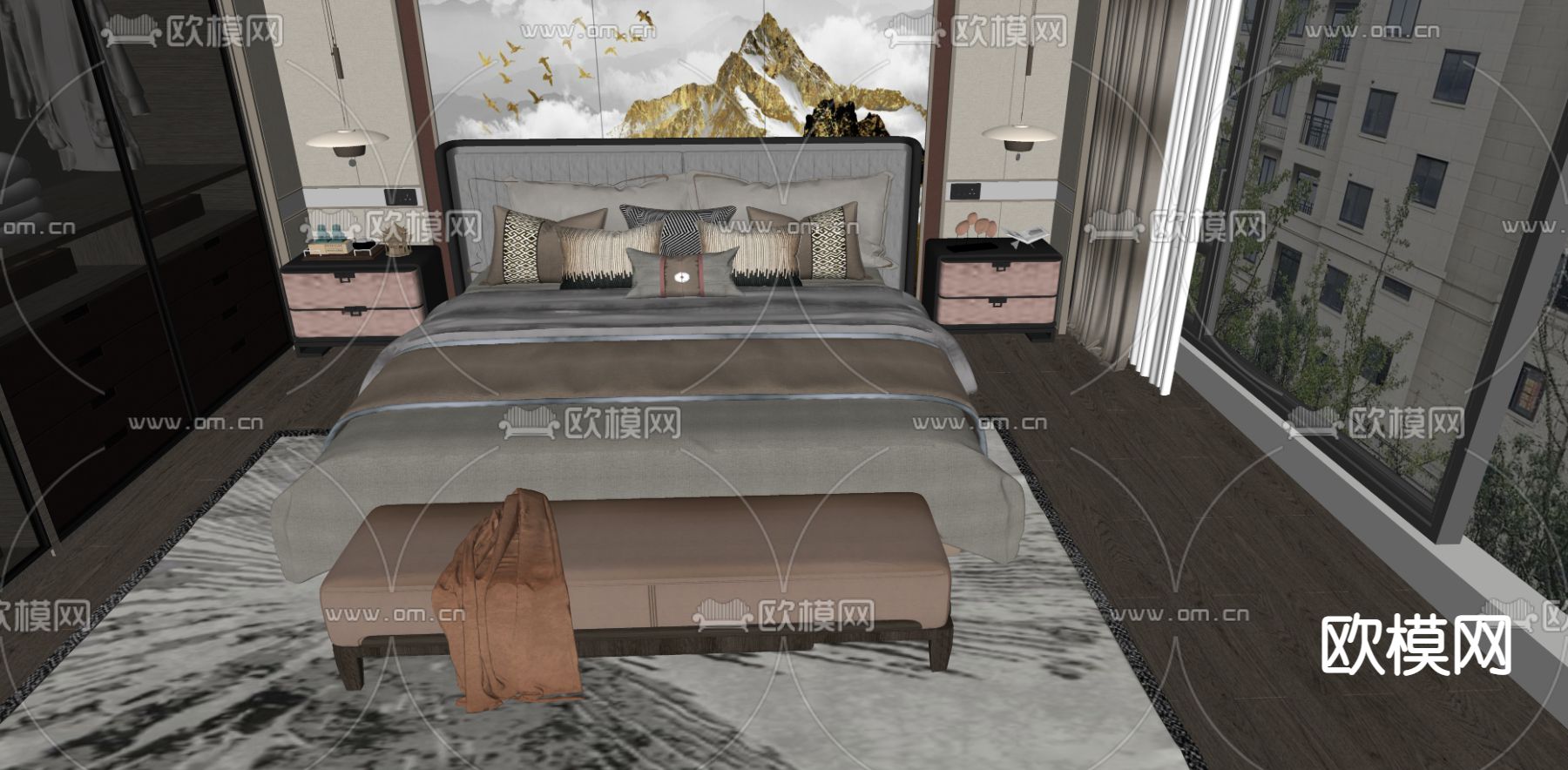 新中式布艺双人床su模型下载（渲染图2）