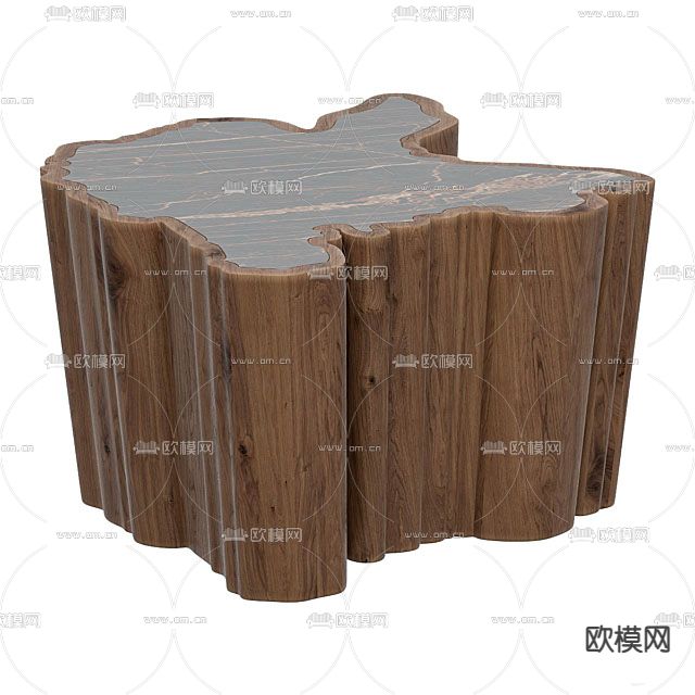 新中式创意实木大理石茶几免费3d模型下载